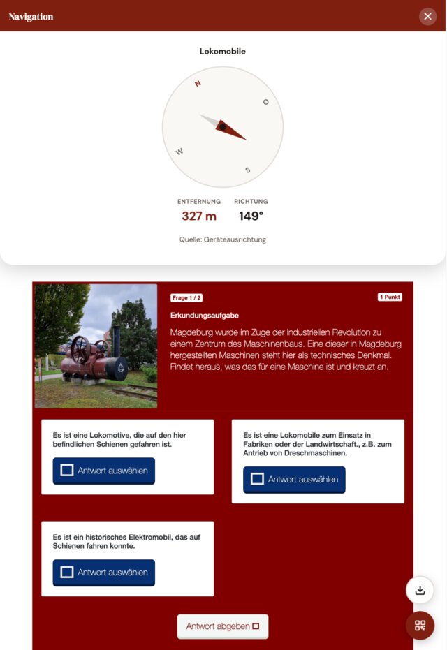 Aktuelle WebApp auf dem iPad: Kompass-Navigation zur Station Lokomobile in Buckau, 327 Meter entfernt